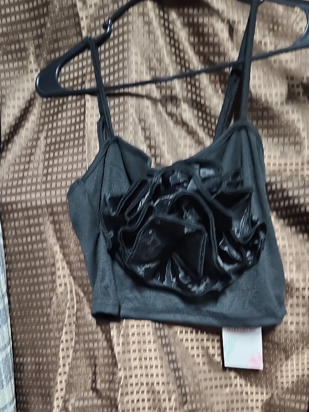 Black Rosette Detail Crop Top with Thin Straps